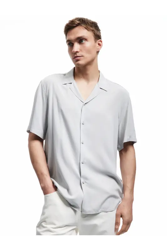 Short Sleeve Camp Collar Button-Up Viscose Shirt-Gray - 1