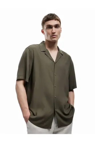 Short Sleeve Camp Collar Button-Up Viscose Shirt-Khaki 