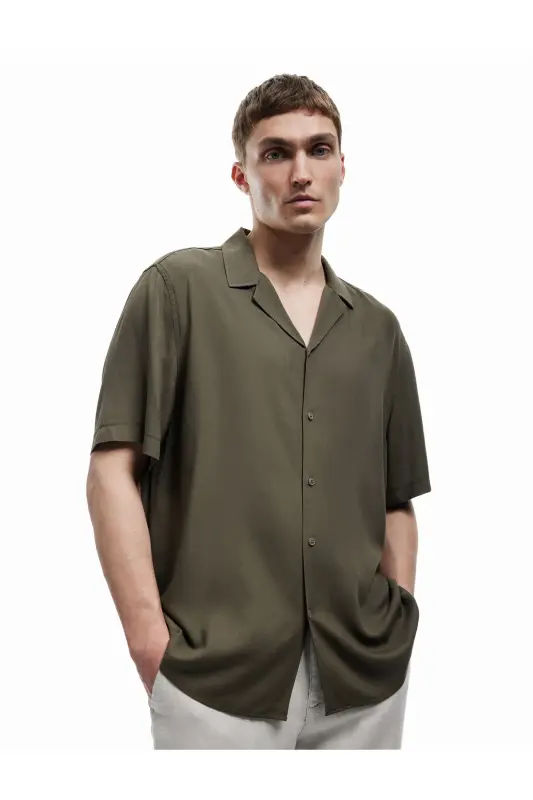 Short Sleeve Camp Collar Button-Up Viscose Shirt-Khaki - KOTON