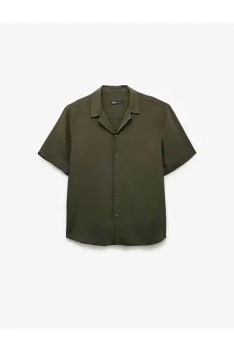 Short Sleeve Camp Collar Button-Up Viscose Shirt-Khaki - 3
