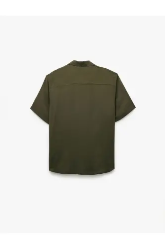 Short Sleeve Camp Collar Button-Up Viscose Shirt-Khaki - 4