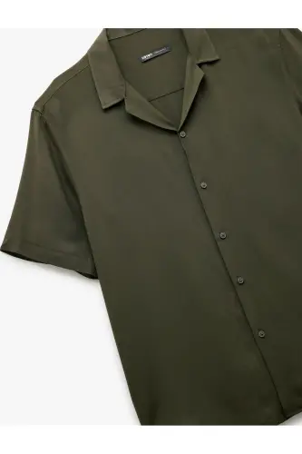 Short Sleeve Camp Collar Button-Up Viscose Shirt-Khaki - 5