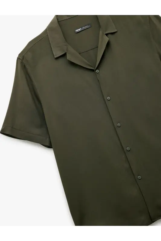Short Sleeve Camp Collar Button-Up Viscose Shirt-Khaki - 5