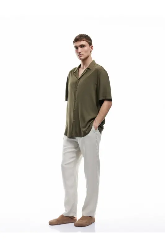 Short Sleeve Camp Collar Button-Up Viscose Shirt-Khaki - 2