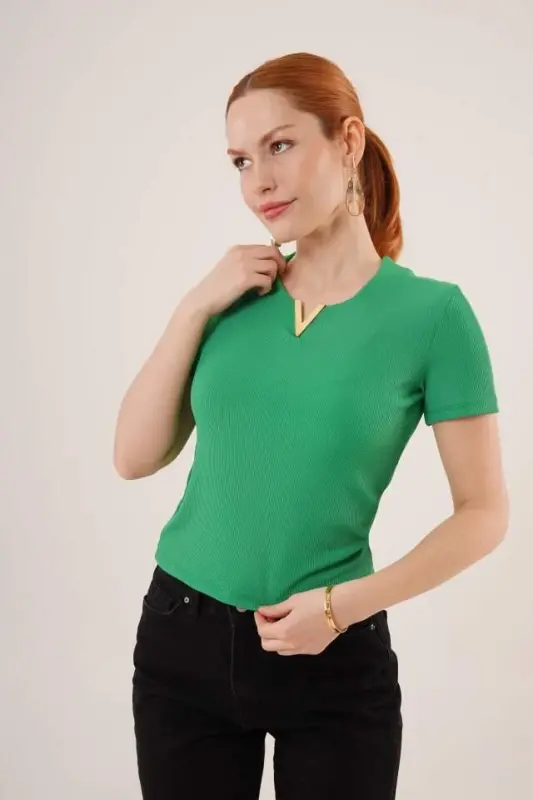 Short Sleeve Collar Detailed Ribbed Knitted Green Blouse - BÜYÜKBEDENIZ
