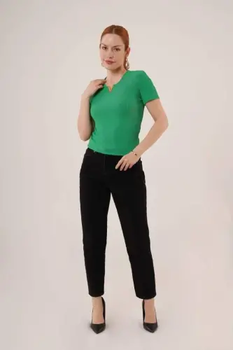 Short Sleeve Collar Detailed Ribbed Knitted Green Blouse - BÜYÜKBEDENIZ (1)