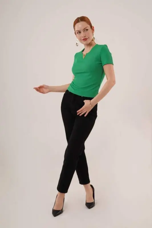 Short Sleeve Collar Detailed Ribbed Knitted Green Blouse - 4