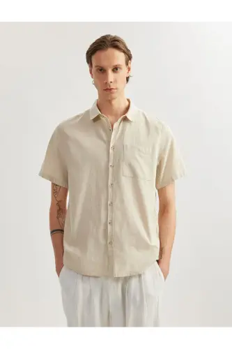 Short Sleeve Cotton Pocket Detail Slim Fit Shirt-Gray 