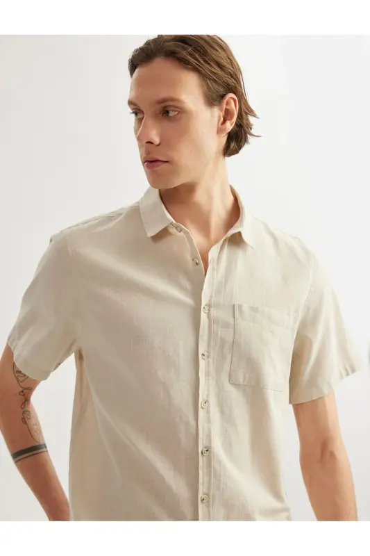 Short Sleeve Cotton Pocket Detail Slim Fit Shirt-Gray - 2