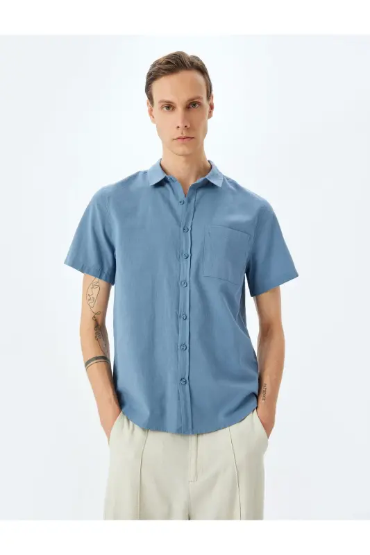 Short Sleeve Cotton Pocket Detail Slim Fit Shirt-Light - 1