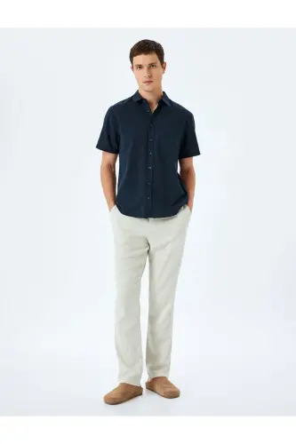 Short Sleeve Cotton Pocket Detail Slim Fit Shirt-Navy 