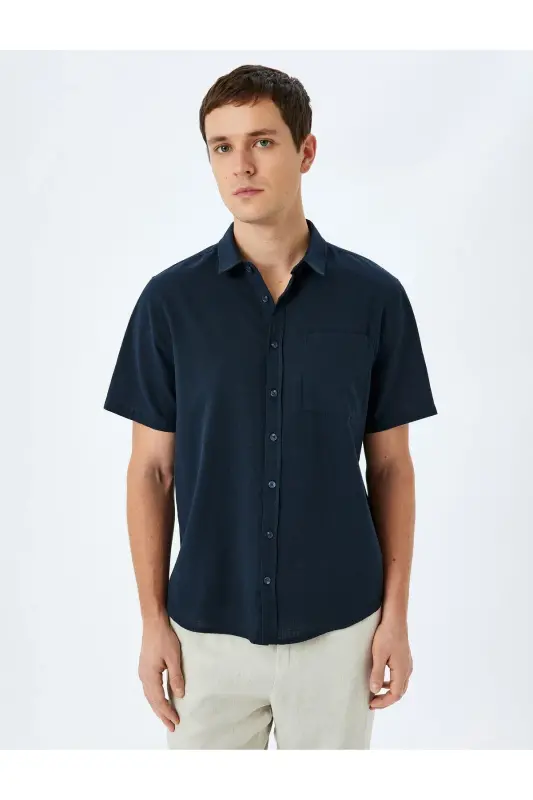 Short Sleeve Cotton Pocket Detail Slim Fit Shirt-Navy - 3