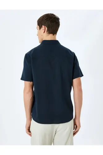 Short Sleeve Cotton Pocket Detail Slim Fit Shirt-Navy - 4