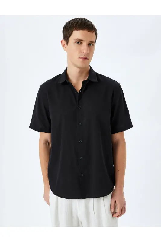 Short Sleeve Cotton Regular Fit Black Men's Shirt - 3