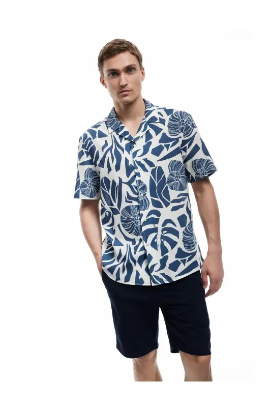 Short Sleeve Cotton Regular Fit Camp Collar Patterned - KOTON