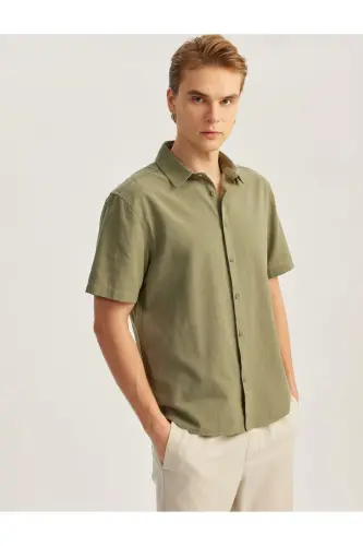 Short Sleeve Cotton Regular Fit Classic Shirt-Khaki - 1