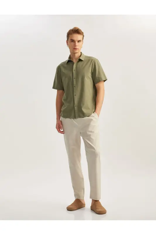 Short Sleeve Cotton Regular Fit Classic Shirt-Khaki - 2