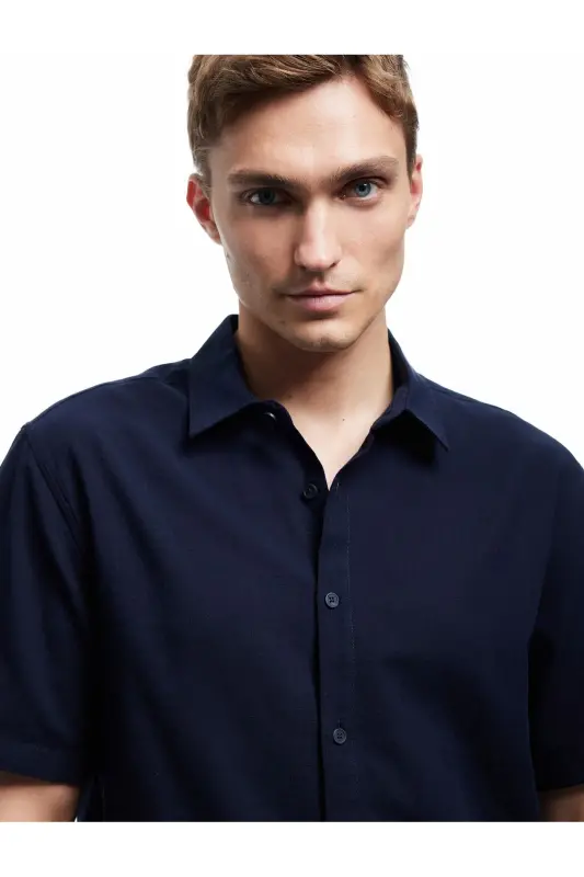Short Sleeve Cotton Regular Fit Classic Shirt-Navy - KOTON