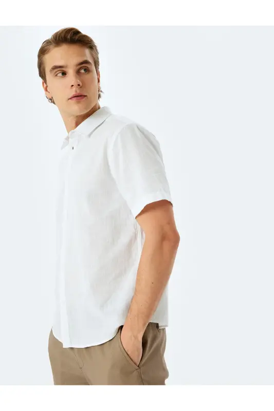 Short Sleeve Cotton Regular Fit White Men's Shirt - KOTON
