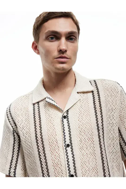 Short Sleeve Cotton Textured Regular Fit Camp Collar - 3