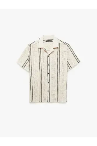 Short Sleeve Cotton Textured Regular Fit Camp Collar - 4