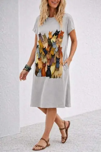 Short Sleeve Crew Neck Cat Patterned Midi Viscose Dress - 3