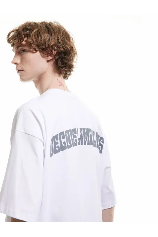 Short Sleeve Crew Neck Cotton Back Print Tee - KOTON