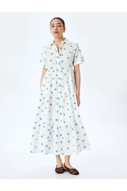 Short Sleeve Floral Buttoned Tiered Long Shirt Dress - KOTON