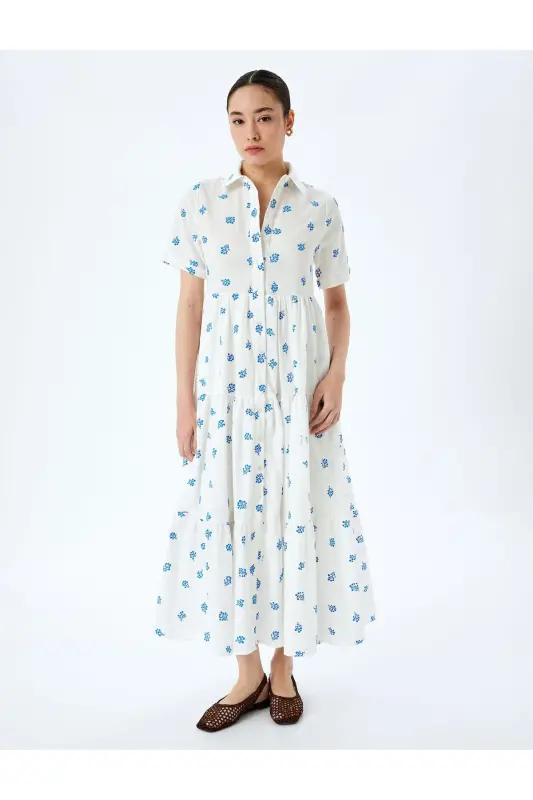 Short Sleeve Floral Buttoned Tiered Long Shirt Dress - 3