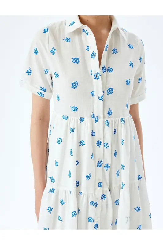 Short Sleeve Floral Buttoned Tiered Long Shirt Dress - 5