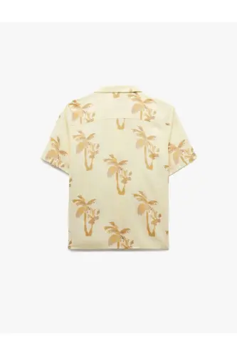 Short Sleeve Lapel Collar Viscose Palm Patterned Dress - 4