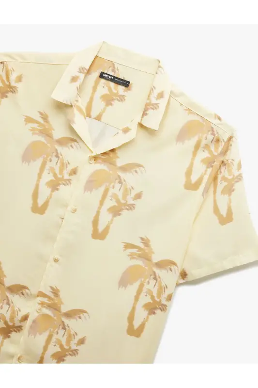 Short Sleeve Lapel Collar Viscose Palm Patterned Dress - 5
