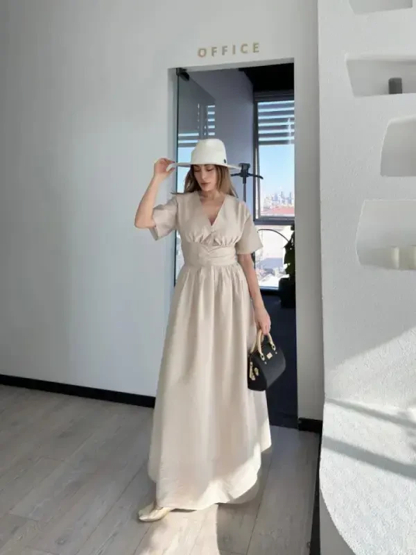 Short Sleeve Maxi Dress - Off White - BÜYÜKBEDENIZ