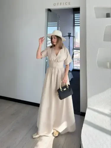 Short Sleeve Maxi Dress - Off White - BÜYÜKBEDENIZ (1)