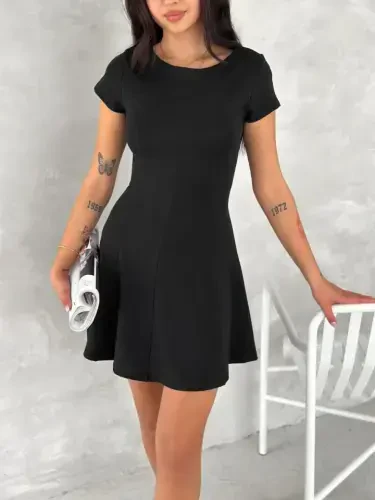 Short Sleeve Mini Dress - Black - 1