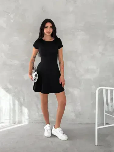 Short Sleeve Mini Dress - Black - 3