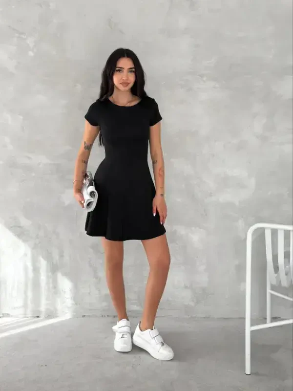 Short Sleeve Mini Dress - Black - 3