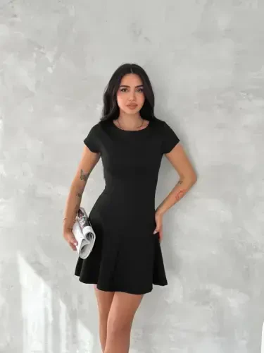 Short Sleeve Mini Dress - Black - 4