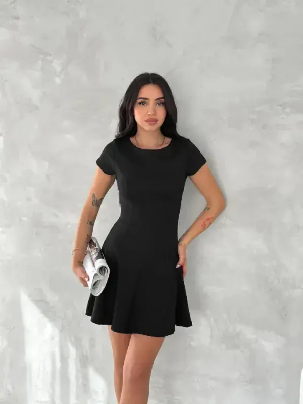 Short Sleeve Mini Dress - Black - 4