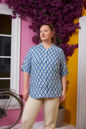 Short Sleeve Plus Size Patterned Shirt Blue - 3