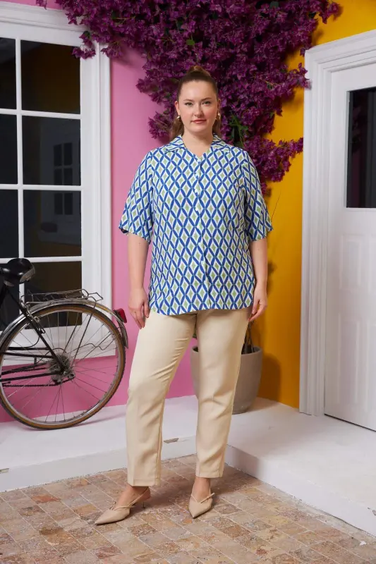 Short Sleeve Plus Size Patterned Shirt Blue - 7