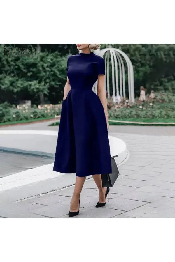 Short Sleeve Pocket Midi Dress - 1