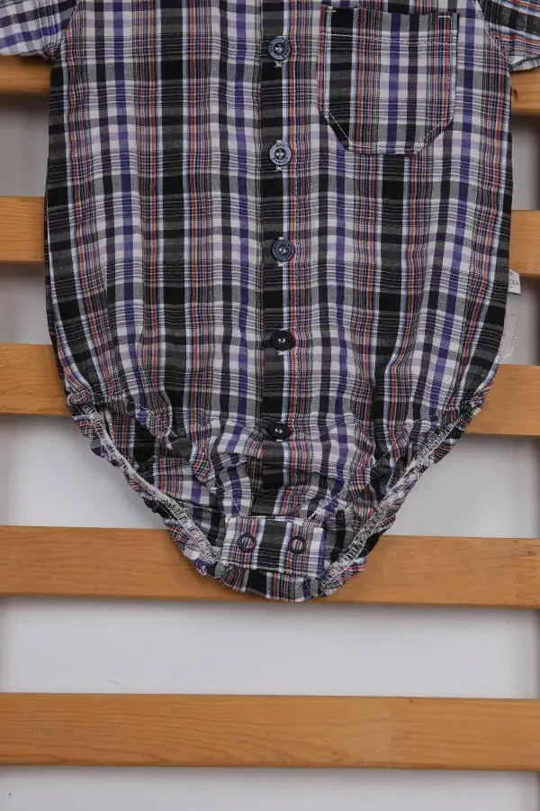 Short Sleeve Poplin Cotton Baby Boy Plaid Shirt Bodysuit 3503s - 4
