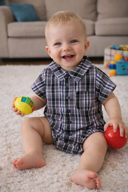 Short Sleeve Poplin Cotton Baby Boy Plaid Shirt Bodysuit 3503s - 1