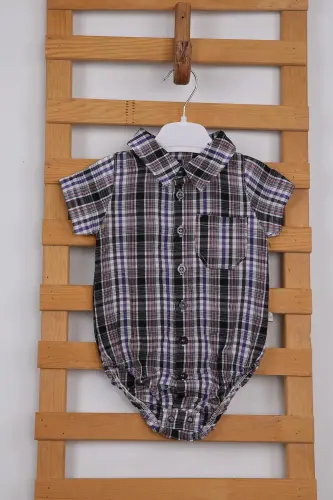 Short Sleeve Poplin Cotton Baby Boy Plaid Shirt Bodysuit 3503s - PINO BABY (1)