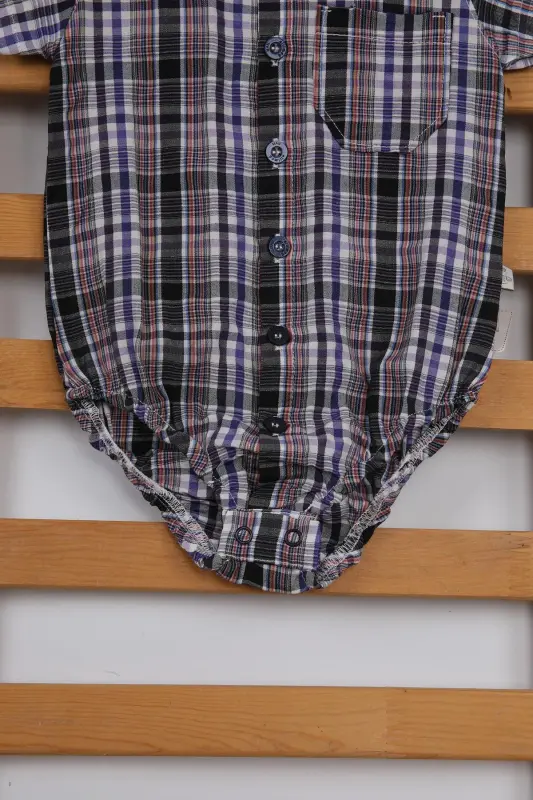 Short Sleeve Poplin Cotton Baby Boy Plaid Shirt Bodysuit 3503s - 3