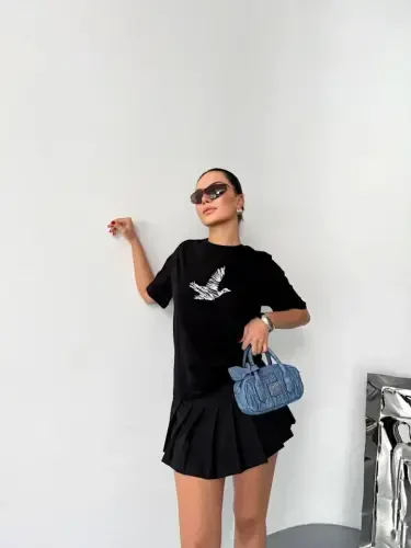 Short Sleeve Printed T-shirt - Black - 1