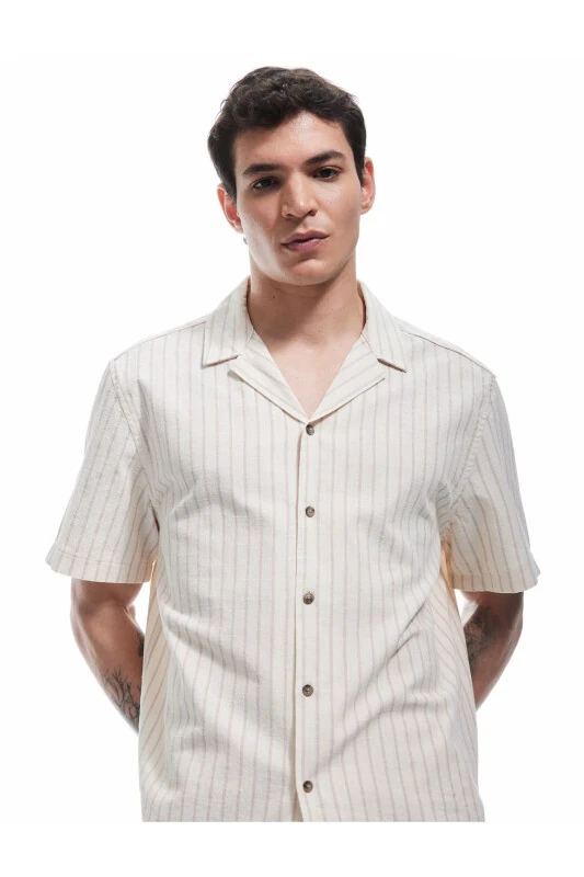Short Sleeve Regular Fit Camp Collar Striped Cotton - KOTON