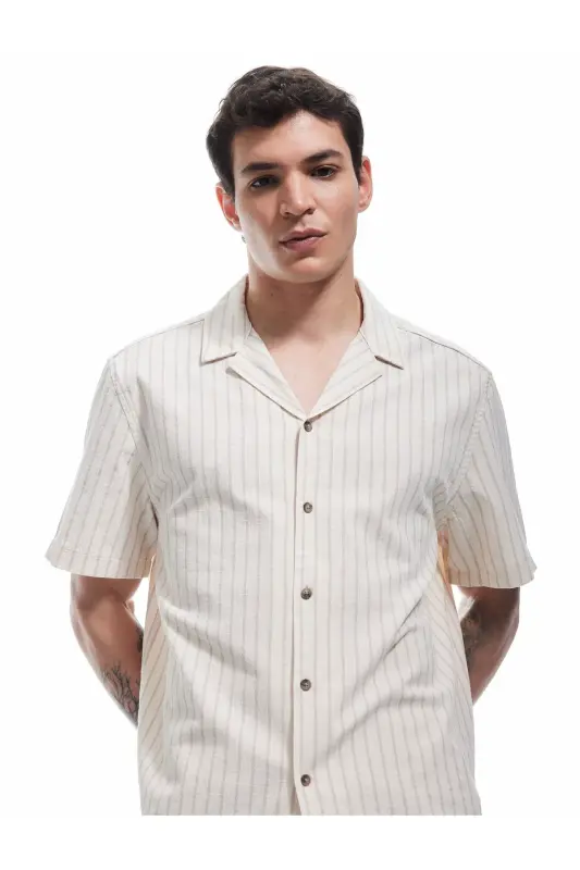 Short Sleeve Regular Fit Camp Collar Striped Cotton - 1