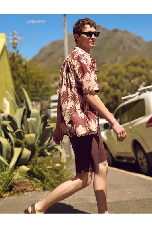 Short Sleeve Regular Fit Camp Collar Viscose Palm - KOTON